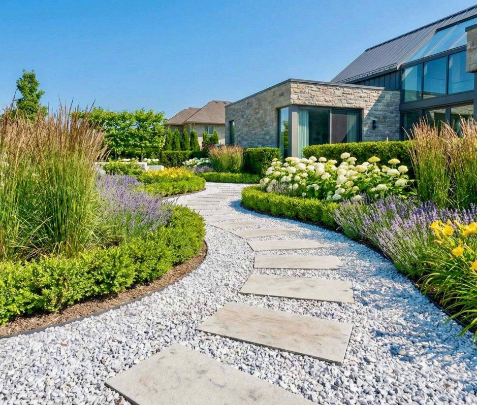 Curved pebble path with hydrangeas and lavender