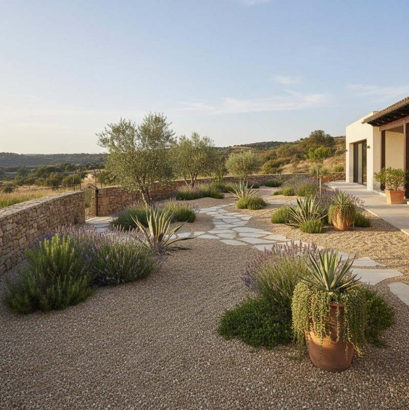 Mediterranean gravel courtyard with olive tree