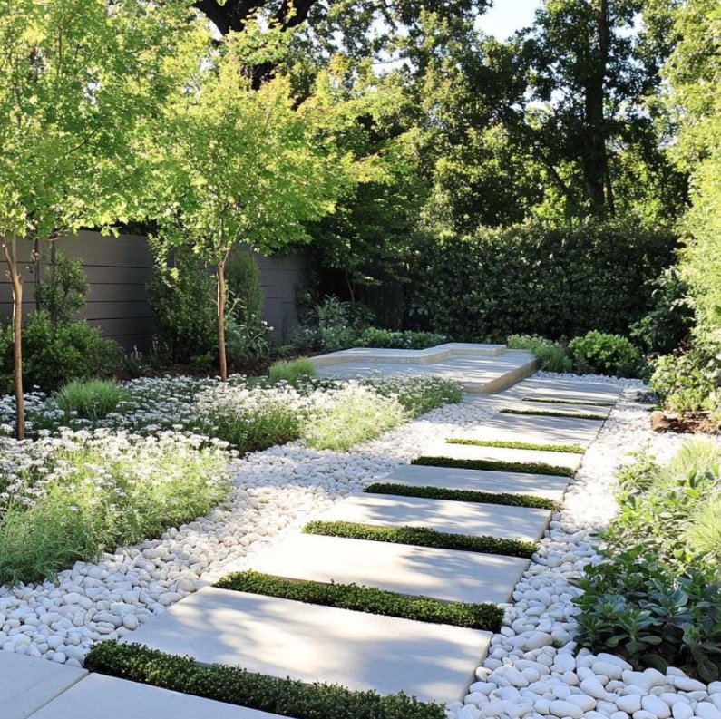 White pebble stepping stone path with boxwood