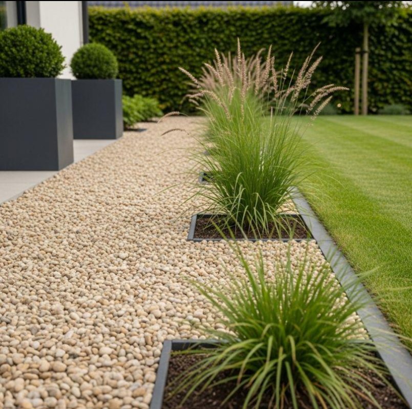 Tan pebble path with ornamental grass border