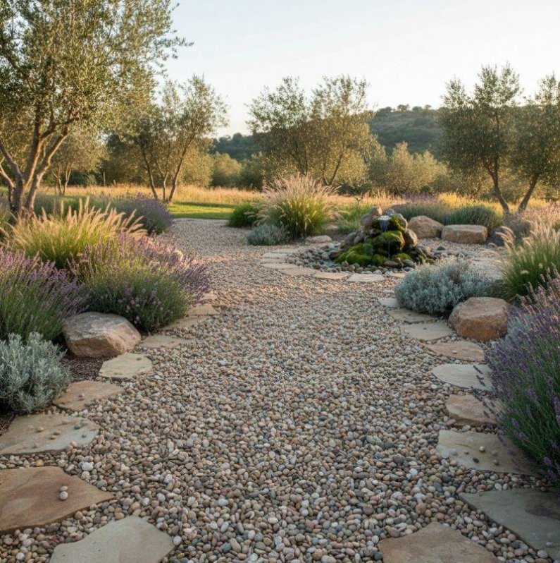 Rustic pebble path with stone circle fountain