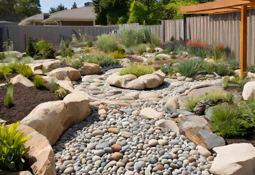 Dry riverbed rock garden with pergola